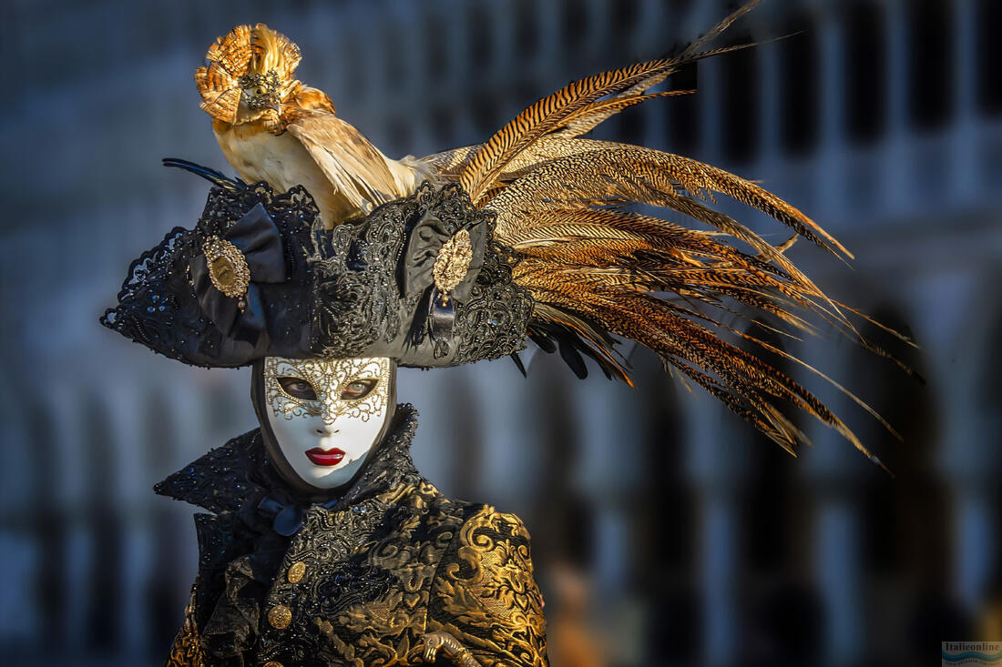 Krásná žena v černých šatech a luxusní masce - karneval v Benátkách