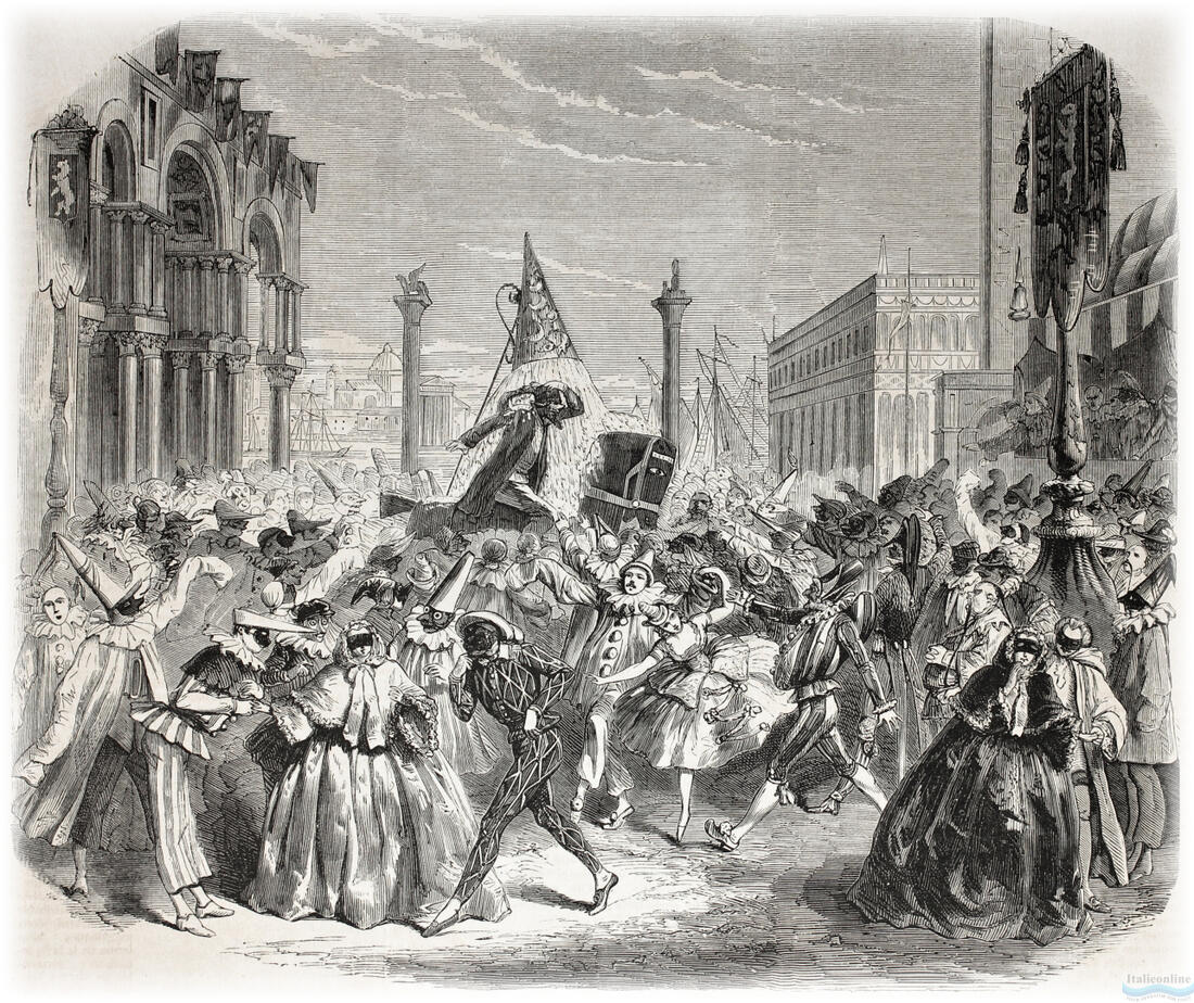 Karneval v Benátkách. LIllustration Journal Universel, Paříž, 1857