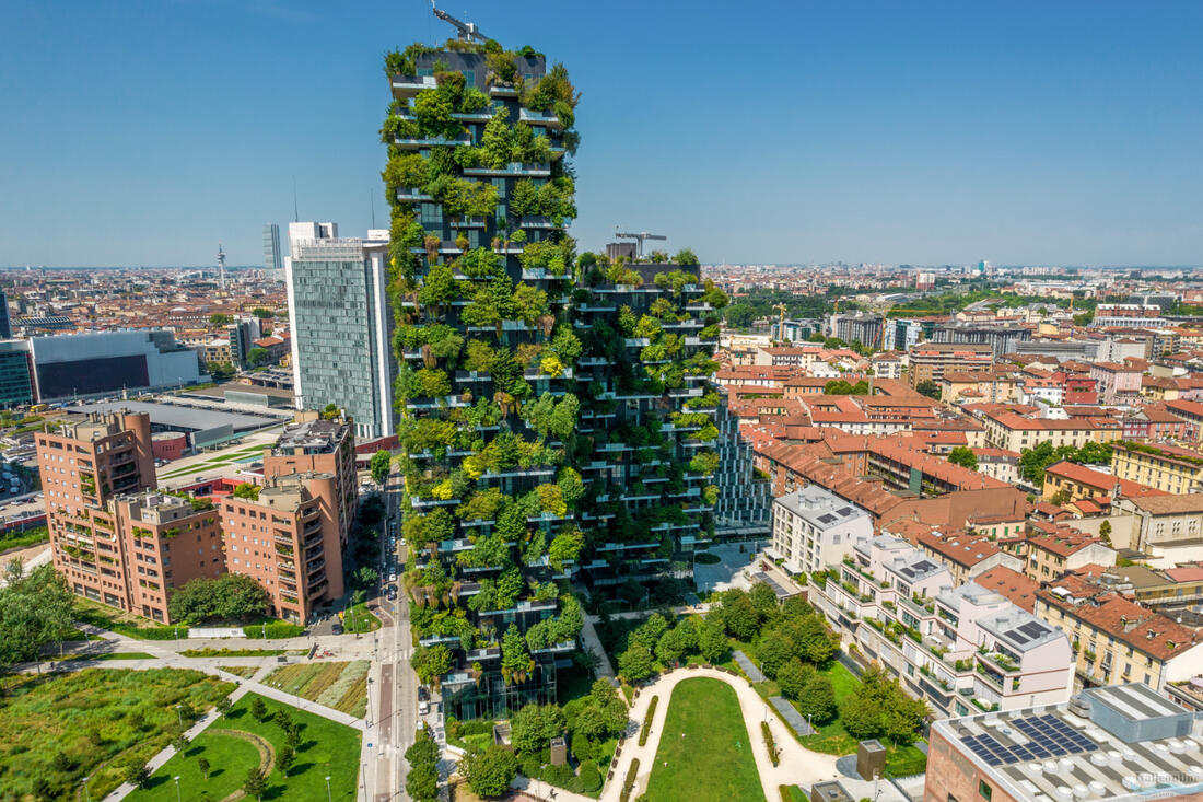 Aerial view of the Vertical Forest - Bosco Verticale, in Milan, Porta Nuova district