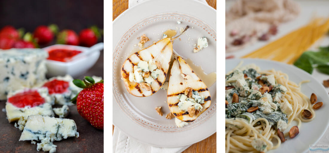 Gorgonzola with fresh strawberry puree, Grilled pears with gorgonzola, Spaghetti with spinach and gorgonzola