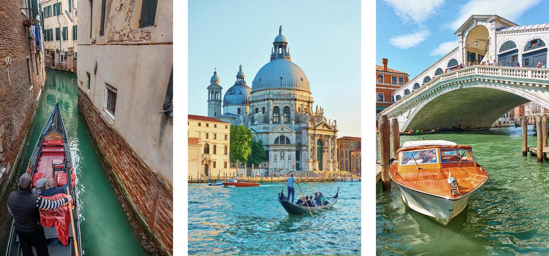Gondoliere in einer engen Gasse, Gondel vor der Kirche Santa Maria della Salute, Wassertaxi geparkt vor der Rialtobrücke, Venedig