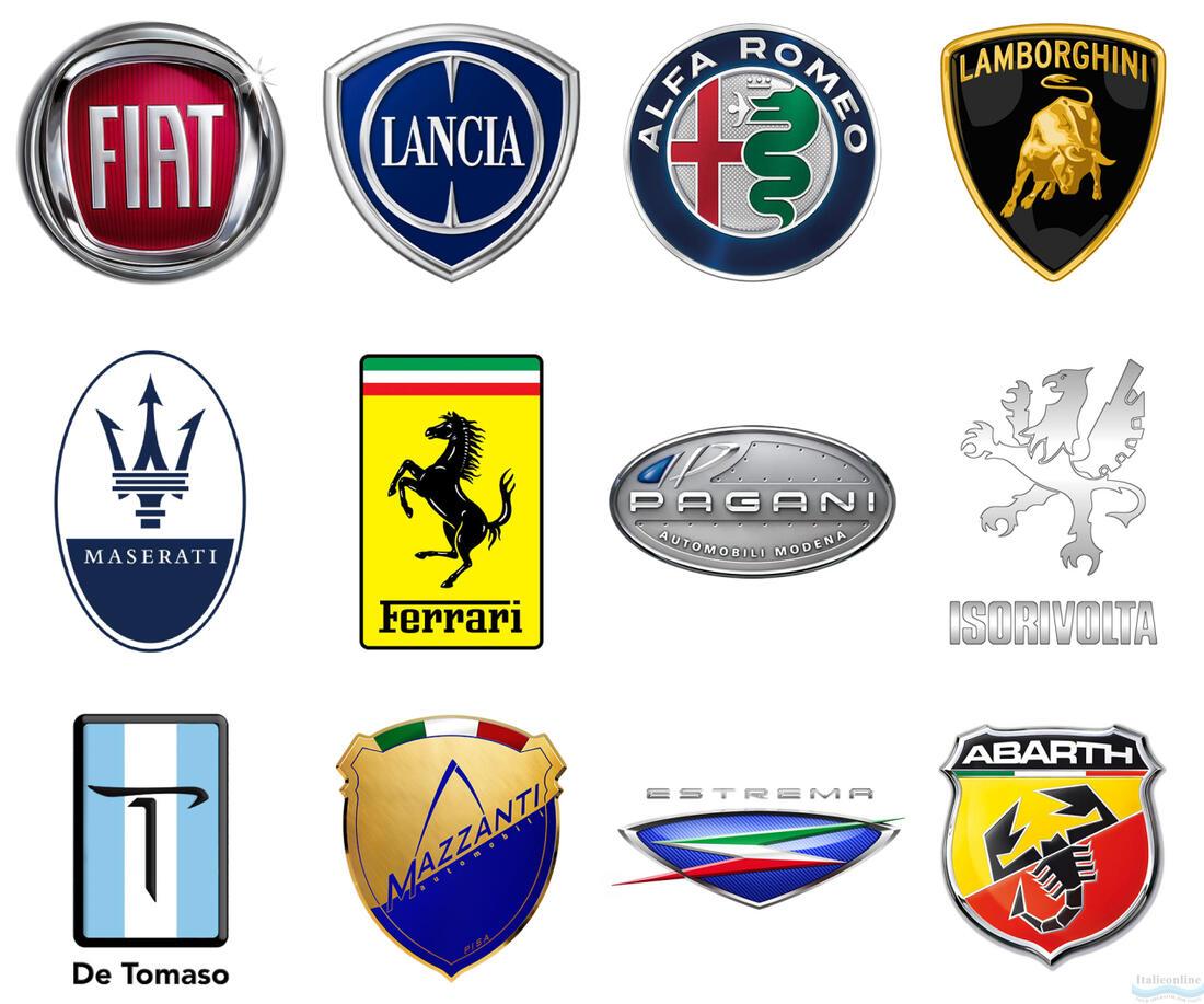 De mest berømte italienske bilproducenter: Fiat, Lancia, Alfa Romeo, Lamborghini, Maserati, Ferrari, Pagani, Iso Rivolta, De Tomaso, Mazzanti, Estrema, Abarth