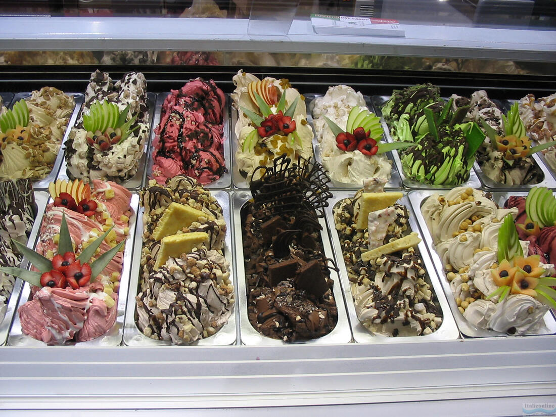 Ice cream behind the counter of an Italian gelateria